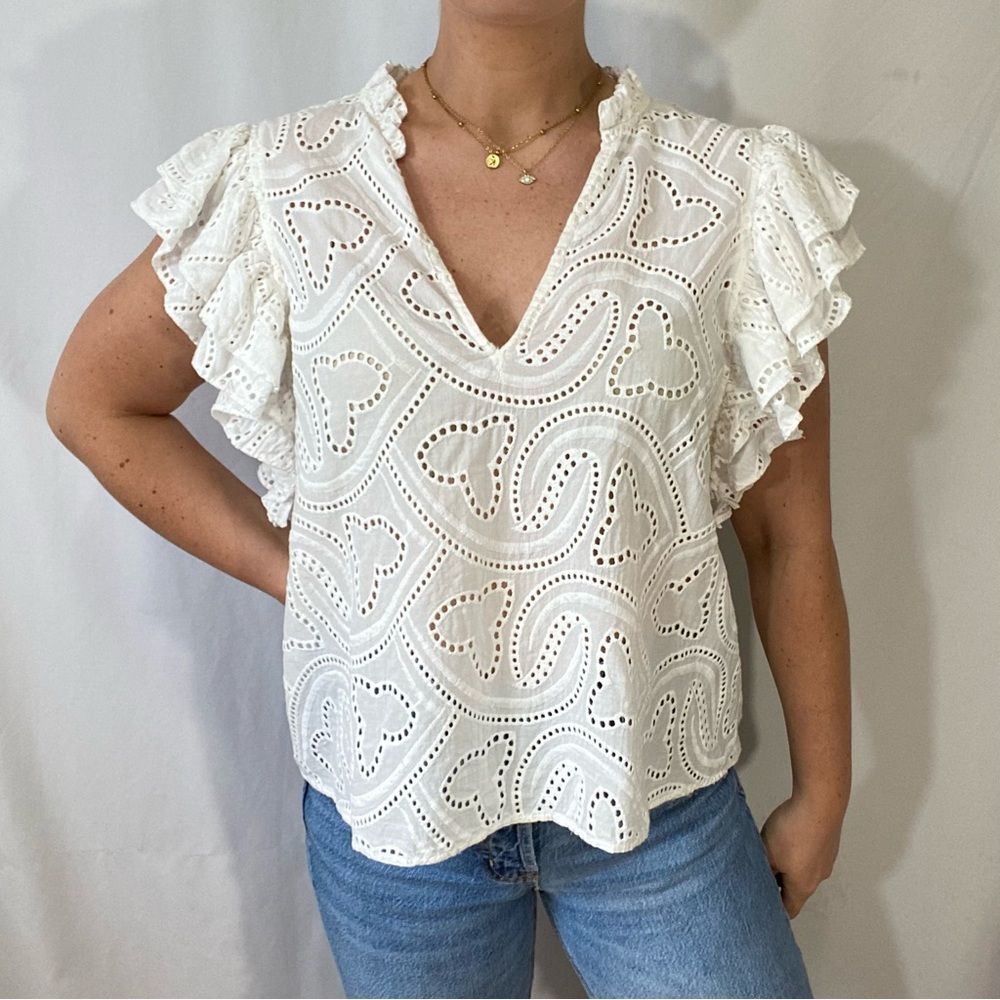 Lavender Brown White Eyelet Cotton Flutter Sleeve V Neck Top Size Large